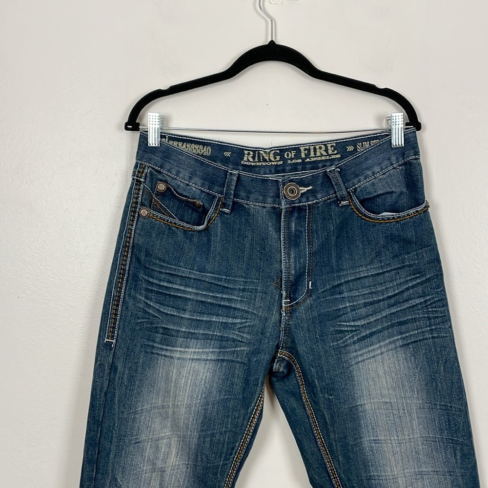 Ring Of Fire Slim Straight Jeans Mens 32/32 Blue Denim 5 Pocket Relaxed Pants - Picture 3 of 8